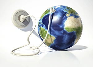 Environmental Conservation Concept Drucke: Planet Earth with electric cable, plug and socket