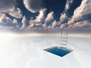 Cloudy Sky Background Image Drucke: Pool with ladder on white surface with cloudy sky