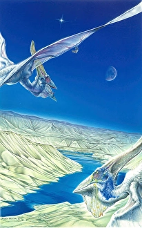 Cretaceous Period Creatures Drucke: Pteranodon longicepsÊflying over mountainous terrain