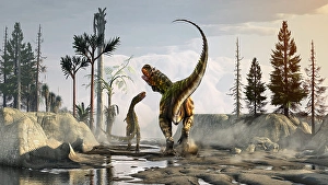 Digitally Generated Artwork Drucke: Rajasaurus watching over her young