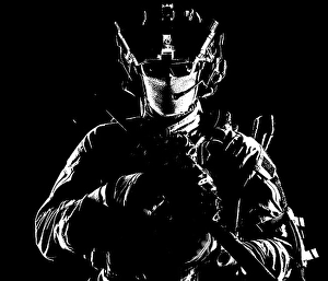 Black And White Military Image Drucke: Serviceman equipped with modern weapons
