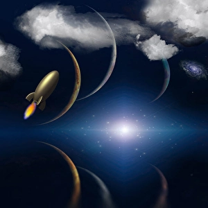 Planetary System Illustration Drucke: Space landscape. Planets and retro style rocket