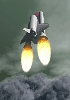 Space Shuttle Launch Drucke: Space shuttle taking off amongst grey smoke and clouds