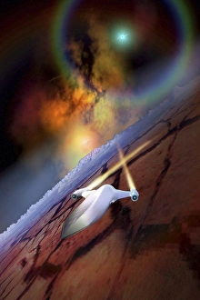 Spacecraft In Orbit Drucke: A spacecraft flys over another world