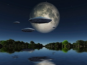 Space Art Illustration Drucke: Spacecrafts flies over water surface