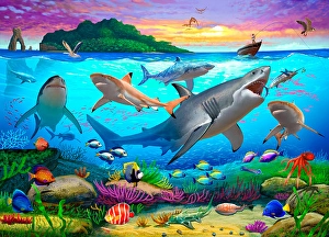 Aquatic Wildlife Drucke: Split level scene of an underwater ecosystem