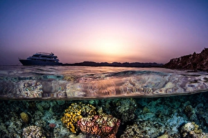 Tropical Ocean Scenery Drucke: A split shot featuring a liveaboard in the Red Sea