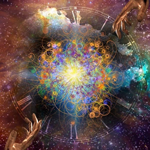 Colorful Digital Artwork Drucke: Star filled space with gesturing hands