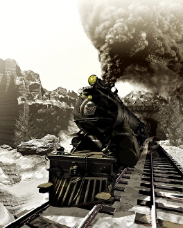 Industrial Revolution Transportation Drucke: Steam engine emerging out of a tunnel