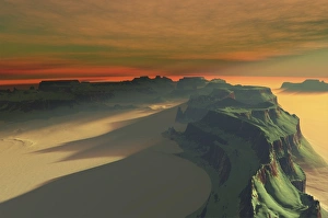 Vast Desert Scenery Drucke: The sun sets on this desert landscape
