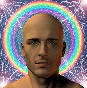 Artificial Intelligence Concept Drucke: Surreal composition. Man on rainbow background