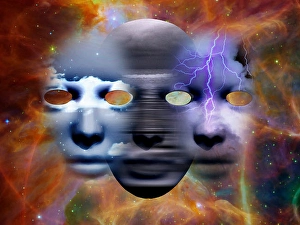 Colorful Space Illustrations Drucke: Surreal composition. Masks in the space