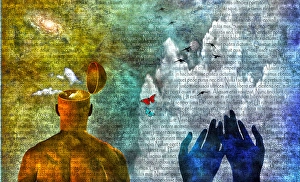 Butterfly Symbolism Drucke: Symbolic composition. Man with open head