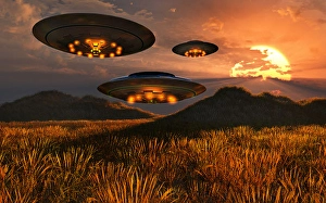 UFOs schweben über einem Weizenfeld, während sie im Prozess sind, Kreisringe in den Getreide zu machen.