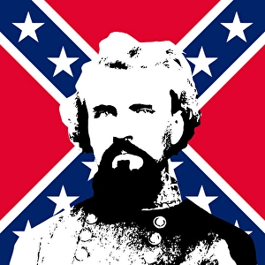 Confederate Army Officer Drucke: Vector artwork of General Nathan Forrest in front of the Confederate flag
