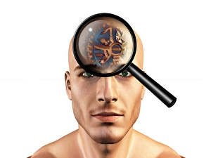 Brainstorming Concept Drucke: Viewing gears in mans head