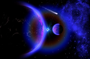Outer Space Images Drucke: A wandering comet passing a pair of binary planets