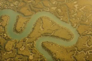 Landschaft Drucke: Wasserkanäle machen Muster im Salzwiesen, aus der Luft gesehen. Abbotshall-Farm