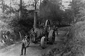 Early Automobile History Drucke: 1869 Tasker traction engine with red flag man at the front