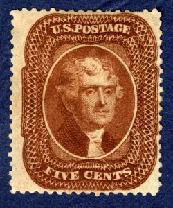 Drucke von 5s Thomas Jefferys Typ II Einzelstück, 1861 in Münzen Zustand J Drucke: 5c Thomas Jefferson-Typ II-Single, 1861; Erfinder: Toppan, Carpenter & Co