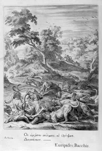 Hunting Scene Engraving Drucke: Actaeon turned into a stag and devoured by his hounds, 1655. Artist: Michel de Marolles