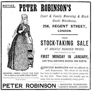 Victorian Mourning Dress Drucke: Advertisement for Peter Robinson's, 1890. Creator: Unknown