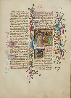 Die Verehrung des Kindes Jesu Christi : Anfangspunkt P : Zwei Hirten ; Messbuch, zwischen etwa 1389 und 1400 . Schöpfer : Meister der Brüsseler Initiale