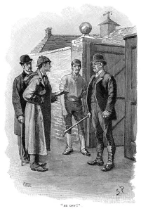 Sherlock Holmes Drucke: Die Abenteuer von Silberblume, die Verhörung eines Verdächtigen; Künstler: Sidney E