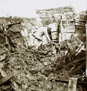 WWI Black And White Pictures Drucke: Aftermath of a shell, a soldier in the crater, c1914-c1918