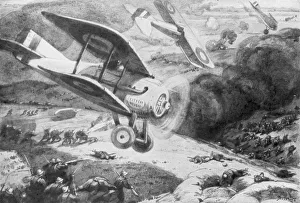 WWI Aerial Warfare Drucke: Air cavalry, attacking the infantry, 1918, (1926). Artist: Maurice Busset