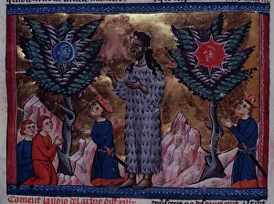 Medieval Miniature Painting Drucke: Alexander the Great standing before the oracles of the two trees