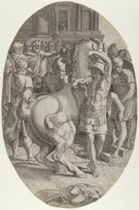 Black And White Animal Portraits Drucke: Alexander Mastering Bucephalus, ca. 1540-45. Creator: Leon Davent