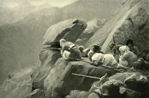 Drucke von Eine Aktion im Hinterhalt, (1901). Ambush während des Zweiten Afghaneistromkrieges, Afghanistan, im Jahr 1878: lokale Kämpfer warten auf britische Streitkräfte Afghanistan Drucke: Eine Hinterhalt, (1901). Künstler: Unbekannt.