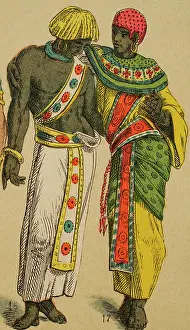 Drucke von Altägypten, 1881. Von links nach rechts; 16: Gürtelartiger Sash schmal und lang mit Stickereien in verschiedenen Farben, 17: Edelmannmütze Cantu Drucke: Altägypten, 1881. Künstler: Unbekannt.