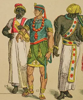 Drucke von Altes Ägypten, 1881. Von links nach rechts; 14: Schreiber, 15: Adelsschurz, 16: Gürtelartiger Sash schmal und lang mit Stickerei in verschiedenen Farben Cantu Drucke: Altägypten, 1881. Künstler: Unbekannt.