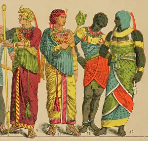 Drucke von Altägypten, 1881. Von links nach rechts; 9-10: Kostüm an den Körper angepasst mit langen schmalen Ärmeln, 11-12: Prunkapfel für Könige und Priester Cantu Drucke: Altägypten, 1881. Künstler: Unbekannt.