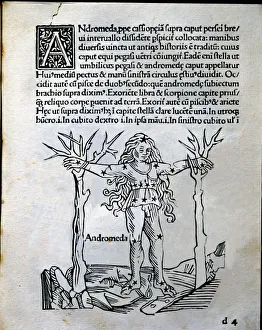 Historical Astronomy Illustrations Drucke: Andromeda, mithological interpretation of the constellations, engraving from Astronomicon