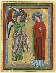 Gold Leaf Illuminated Manuscript Drucke: The Annunciation, about 1240. Creator: Unknown