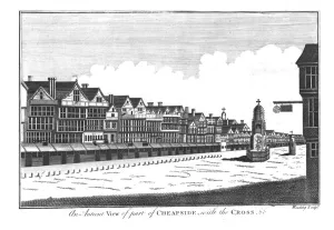 Black And White Architecture Prints Drucke: An Antient View of part of Cheapside, with the Cross Etc. late 18th century