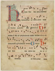 Medieval Manuscript Drucke: Antiphonary Leaf: Text with Musical Notation with Ornamental Initial 'H'