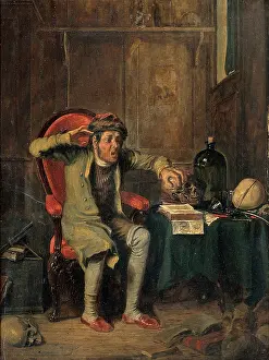 Nineteenth Century Culture Drucke: An anxious man comparing his own head to a skull