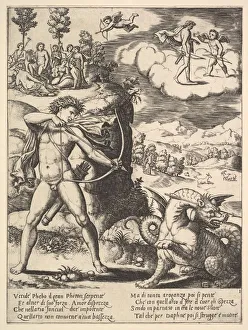 Black And White Italian Art Drucke: Apollo standing at left shooting a python with an arrow, above to the left are the muse
