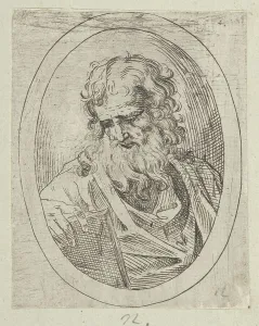 Ein Apostel mit langem Bart schaut nach unten auf ein offenes Buch im ovalem Rahmen, um 1600-1640. Schöpfer: Anonym