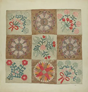 Gerahmter Druck : Patchwork- und Applikationsdecke, um ca. 1939 von A.Zimet erstellt Gerahmter Druck : Patchwork- und Applikationsdecke, um ca. 1939 von A.Zimet erstellt