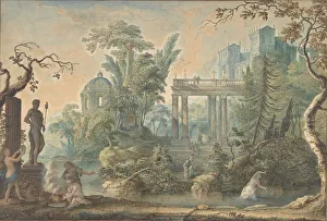 Landschaft im Arcadischen Stil mit mehreren Figuren und einer Statuette des Apollons aus dem 18. Jahrhundert