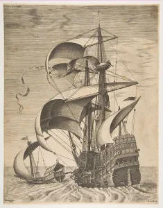 Drucke von Geschützter Dreimastsegler auf offenen Gewässern begleitet von einer Galee aus der Reihe Segelboote (Serie: Seefahrtschiffe), 1561-65 Pieter Bruegel Der Ältere Drucke: Gefährte Dreimastsegler auf offenen Gewässern begleitet von einer Galee aus der Serie Segelschiffes