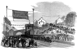 Vintage Train Station Pictures Drucke: Arrival by rail of the Constable of Cheshire, to Mottram Station in April of 1855