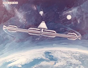 American Space Travel History Drucke: Artificial Gravity Space Station, 1969. Creator: NASA