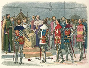 Drucke von Arundel Gloucester Nottingham Derby und Warwick vor dem König Westminster im Jahr 1387 (1864). Die Herren Arundel Gloucester Nottingham Derby und Warwick fordern von König Richard II Westminster Drucke: Arundel Gloustershire Nottinghamshire Derby und Warwick vor dem König im Jahre 1387/1864
