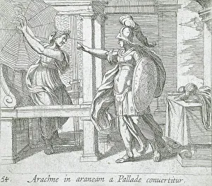 Drucke von Arachne verändernd Athena in eine Spinne, veröffentlicht im Jahr 1606. Aus den Metamorphosen des Ovid, blatt 54 Spinnen Drucke: Arachne ändernd Athena in eine Spinne veröffentlichtet 1606